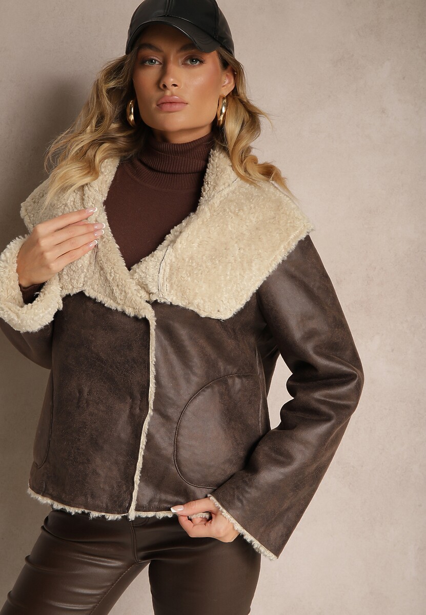 Brązowa Pudełkowa Kurtka Biker z Szerokim Kołnierzem i Futrzaną Wyściółką Lioiala