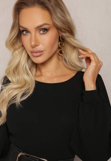 Czarna Sukienka Midi o Rozkloszowanym Fasonie z Bufiastymi Rękawami Amatya