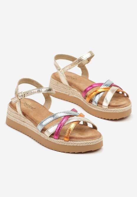 Złoto-Różowe Sandały na Podeszwie Ozdobionej Plecionką Liathelia