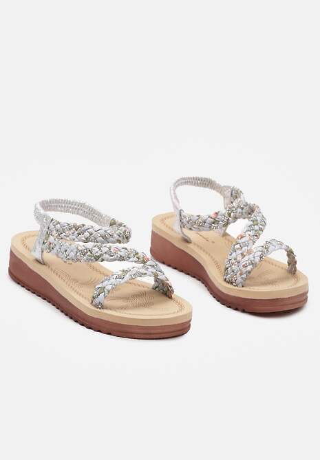Srebrne Sandały na Płaskiej Podeszwie z Wkładką z Imitacji Skóry z Ozdobnymi Cyrkoniami Fioretta