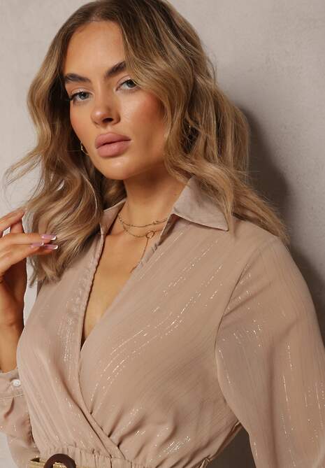 Beżowa Sukienka z Kopertowym Dekoltem i Plecionym Paskiem Velo