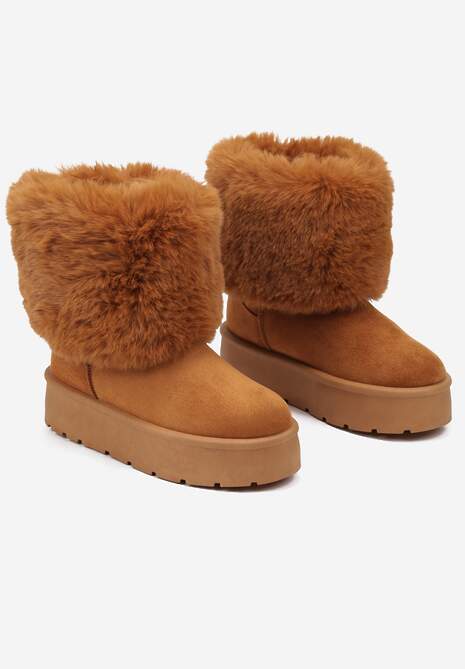 Brązowe Śniegowce na Grubej Podeszwie Ozdobione Futerkiem Naolani