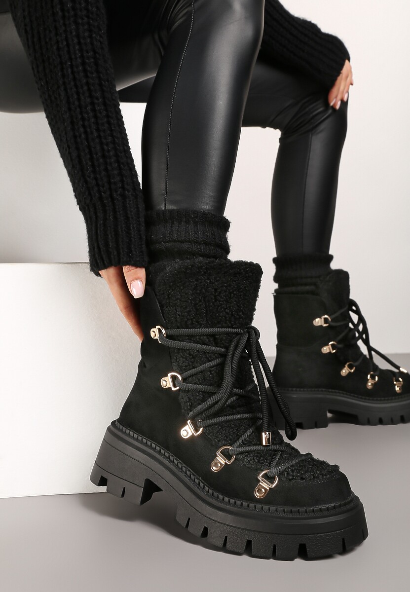 Czarne Sznurowane Śniegowce na Platformie z Ociepleniem Innathiel