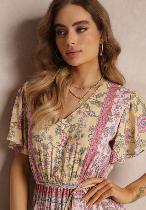 Żółta Kwiecista Sukienka Midi z Gumką w Pasie i Falbanką przy Rękawach Hachitane