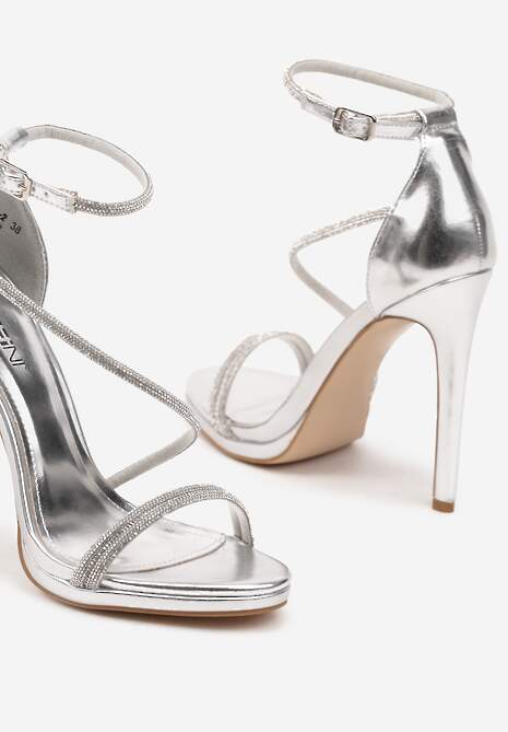 Srebrne Eleganckie Szpilki Sandały Zdobione Cyrkoniami Ninitila