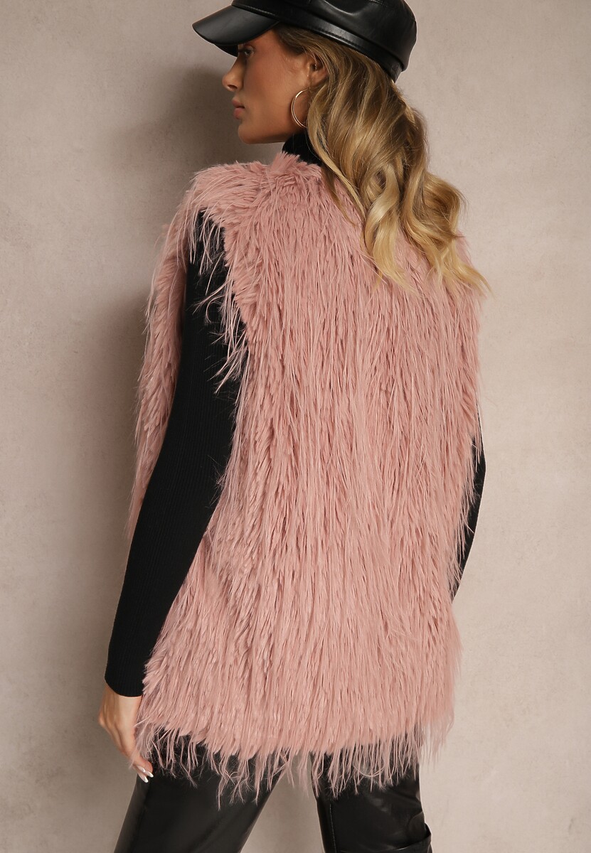 Ciemnoróżowa Futerkowa Kamizelka o Prostym Kroju z Kieszeniami Venialith