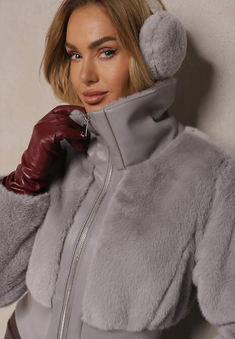 Szara Kurtka Futrzana o Krótkim Kroju z Ozdobnym Kołnierzem i Ściągaczem Semiritae