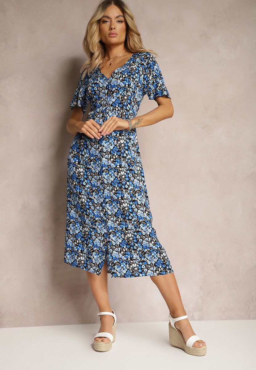 Niebiesko-Granatowa Wiskozowa Sukienka z Guzikami w Kwiecisty Wzór z Trójkątnym Dekoltem Neliafa