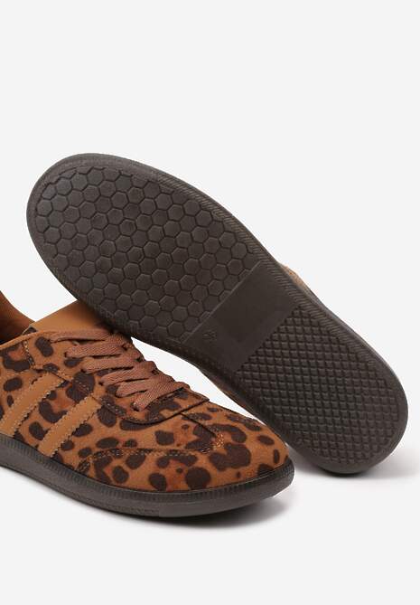Brązowe Casualowe Sneakersy z Ekozamszu w Panterkę na Płaskiej Podeszwie Pemeriana