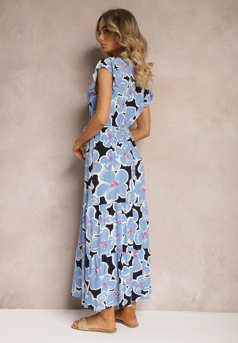 Niebieska Kwiecista Sukienka z Wiskozy z Gumką w Talii Wiązana Materiałowym Paskiem Vikennia