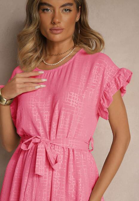 Fuksjowa Sukienka z Paskiem i Falbankami przy Rękawach Folunelle