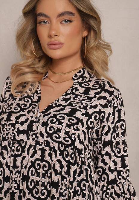 Czarna Sukienka Bawełniana o Rozkloszowanym Kroju w Etniczny Print Zalivine