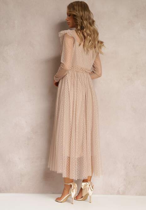 Beżowa Sukienka z Koronką i Tiulem Welvia