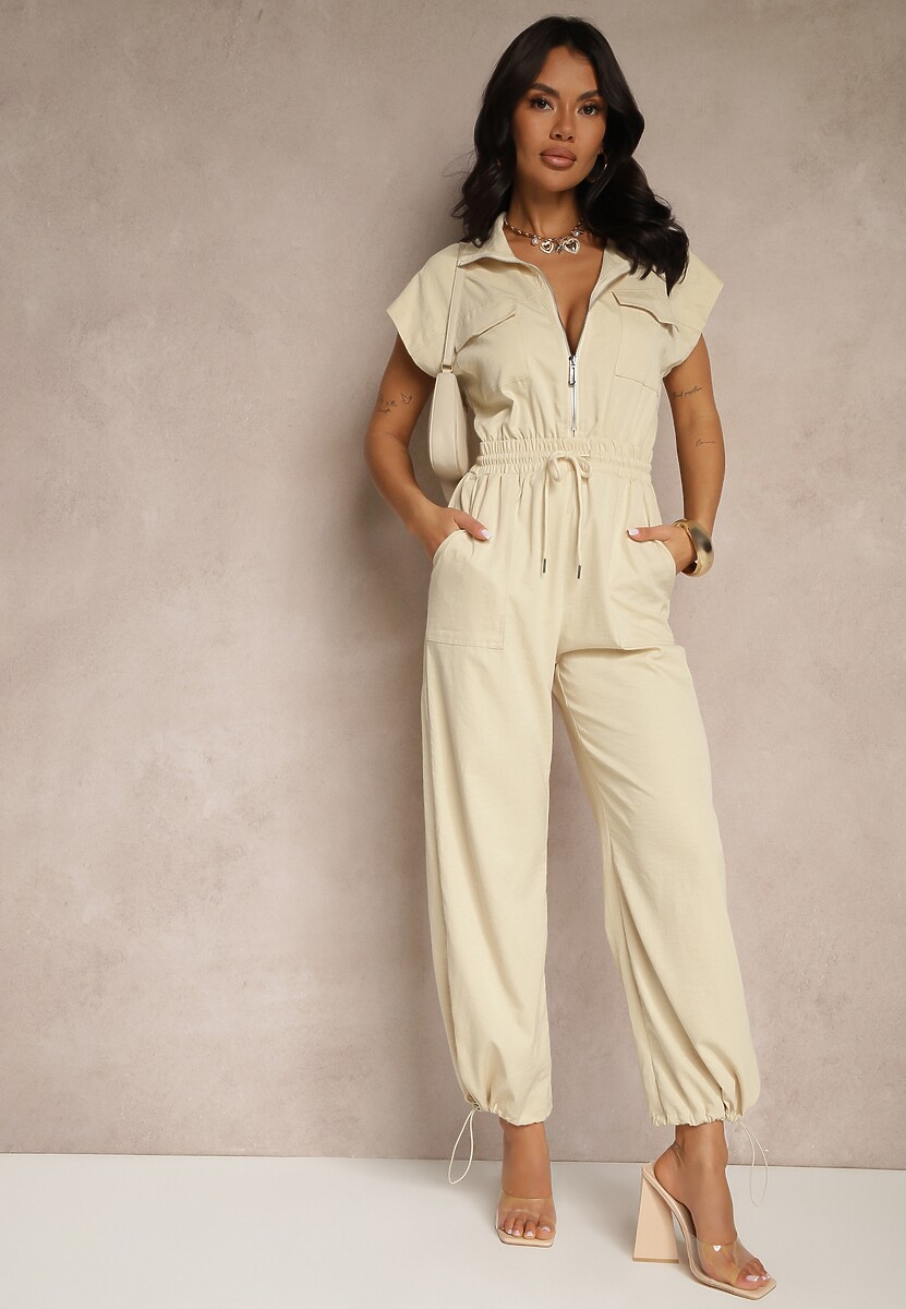 Beżowy Kombinezon z Krótkim Rękawem i Kołnierzykiem Zapinany na Suwak Soveldi