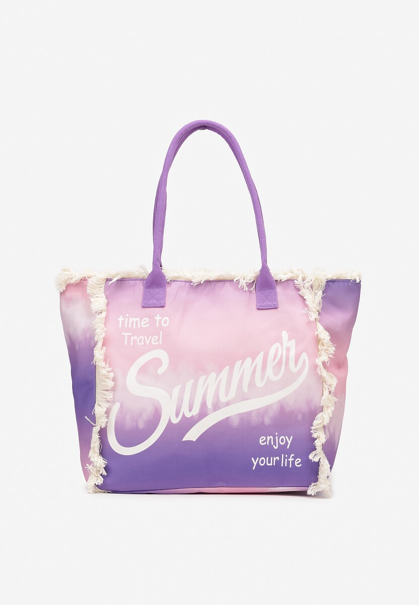 Fioletowa Duża Torebka Tote z Dwoma Uchwytami Napisami i Krótkimi Frędzlami Geminisa