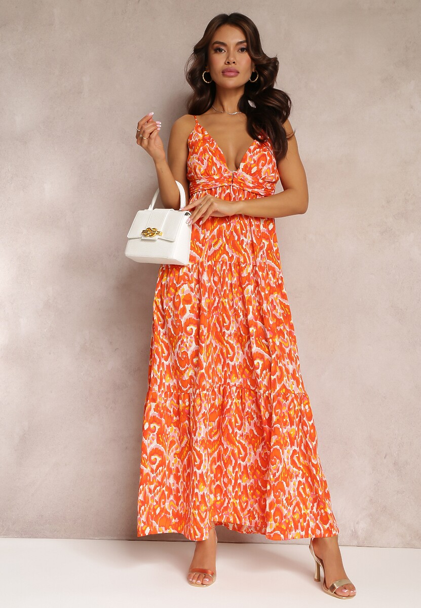 Pomarańczowa Sukienka Maxi na Regulowanych Ramiączkach z Abstrakcyjnym Wzorem Jerela