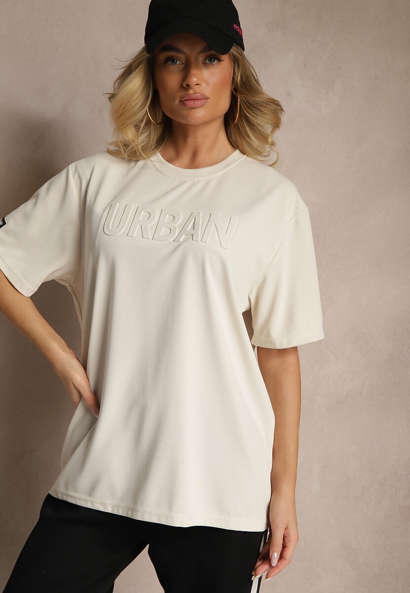 Czarna Bawełniana Koszulka T-shirt z Tłoczonym Napisem Lunorina