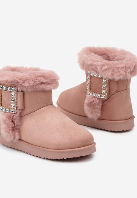 Różowe Śniegowce  na Płaskiej Podeszwie z Futerkiem i Klamrą z Cyrkoniami Liliara