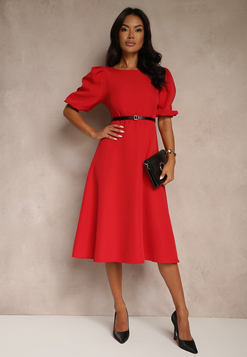 Czerwona Rozkloszowana  Sukienka Ozdobiona Bufiastymi Rękawami Melianis