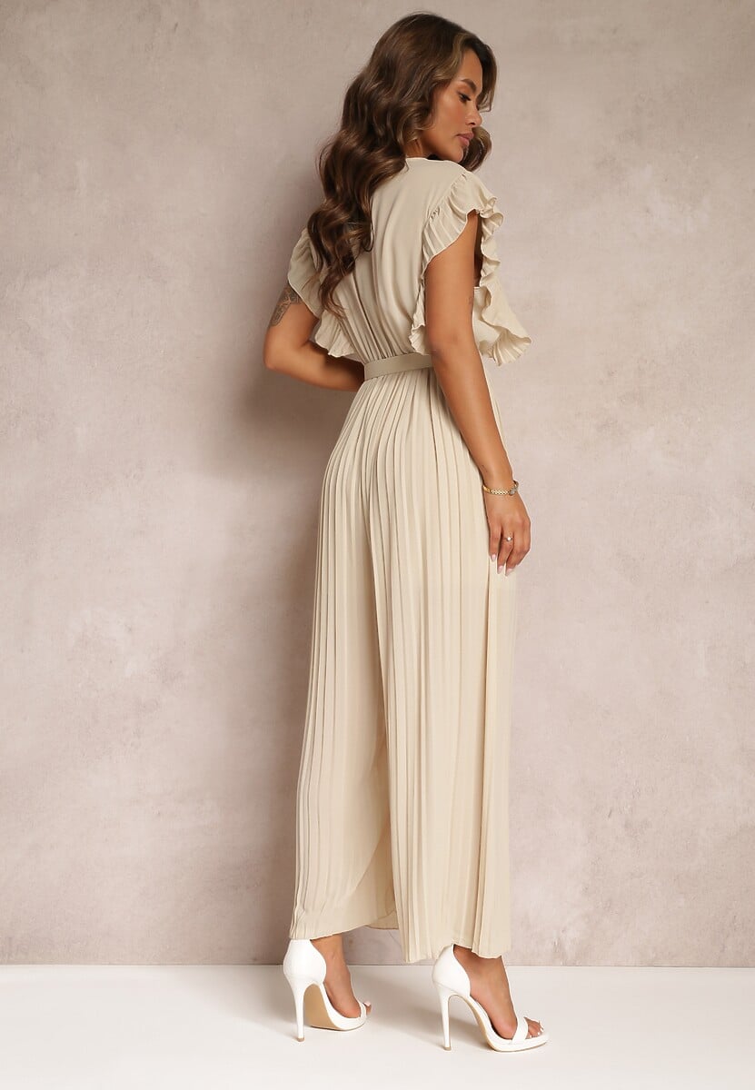 Beżowy Plisowany Kombinezon z Falbankami i Szerokimi Nogawkami Jarina
