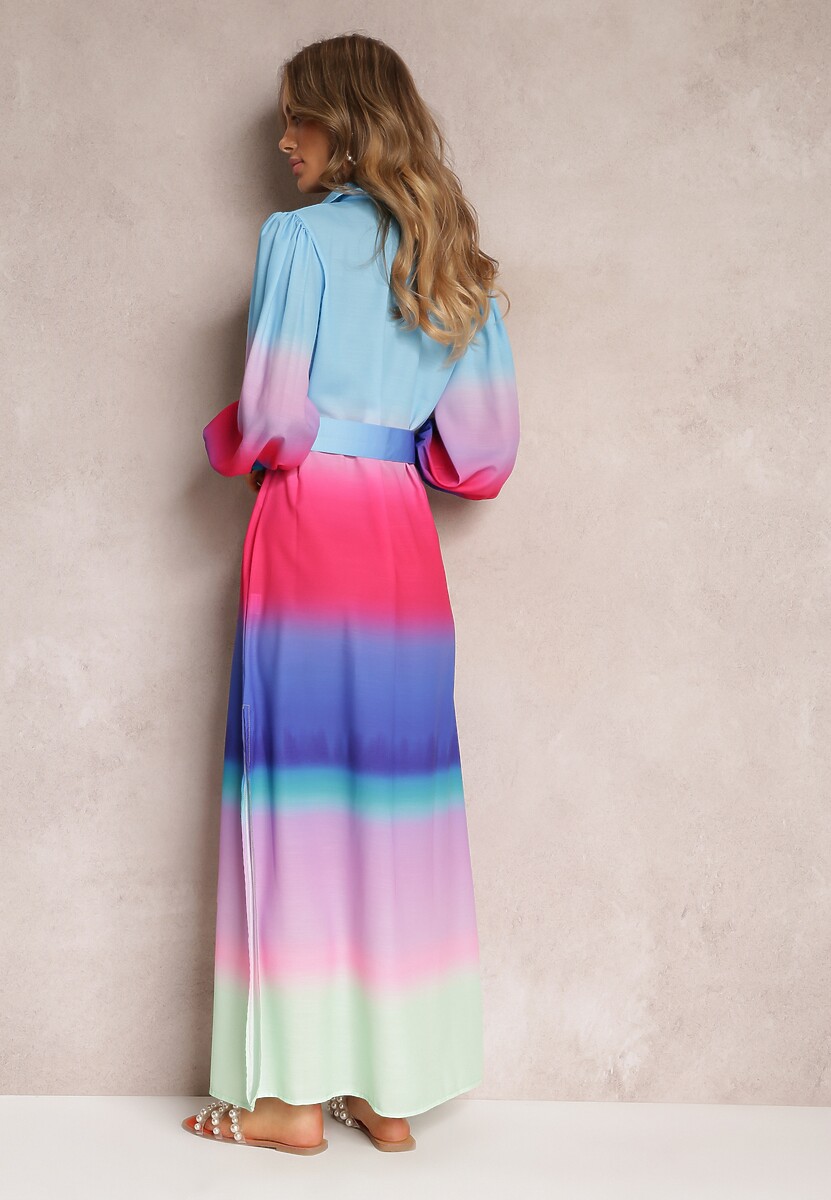 Niebiesko-Różowa Koszulowa Sukienka Ombre z Bufiastym Rękawem i Paskiem Brezlynn