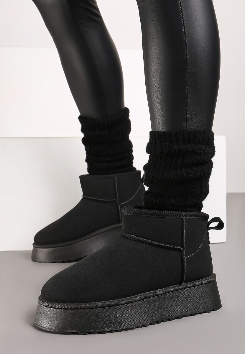 Czarne Wsuwane Śniegowce Casualowe z Imitacji Zamszu na Grubej Podeszwie Tinaretia