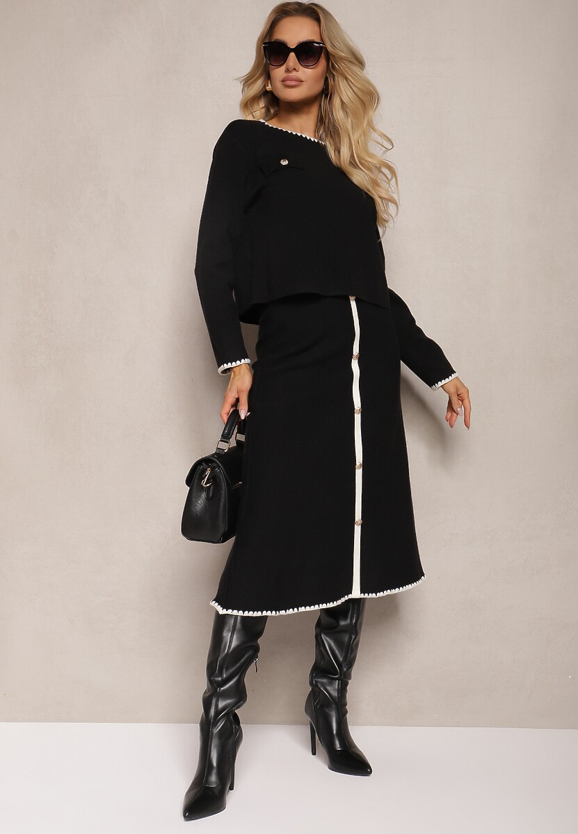 Czarny Komplet z Wiskozą Spódnica z Guzikami Sweter Ozdobiony Kieszonkami Melotha