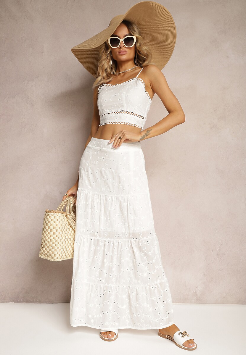 Biały Boho Komplet Top z Haftowanej Tkaniny Spódnica z Gumką w Talii i Falbanką Worpia