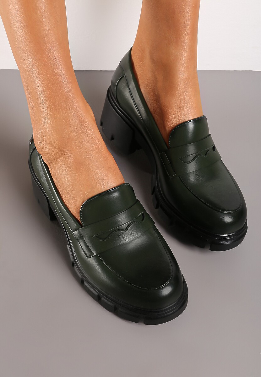 Zielone Półbuty na Słupku z Bieżnikiem ze Skórzaną Wkładką i Przeszyciami Ivirana