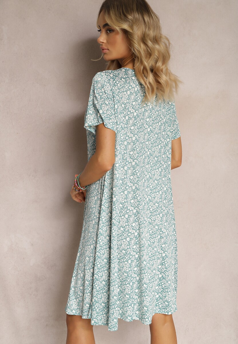 Zielona Krótka Sukienka z Rozkloszowanym Dołem i Okrągłym Dekoltem z Wiskozy Dapnehli