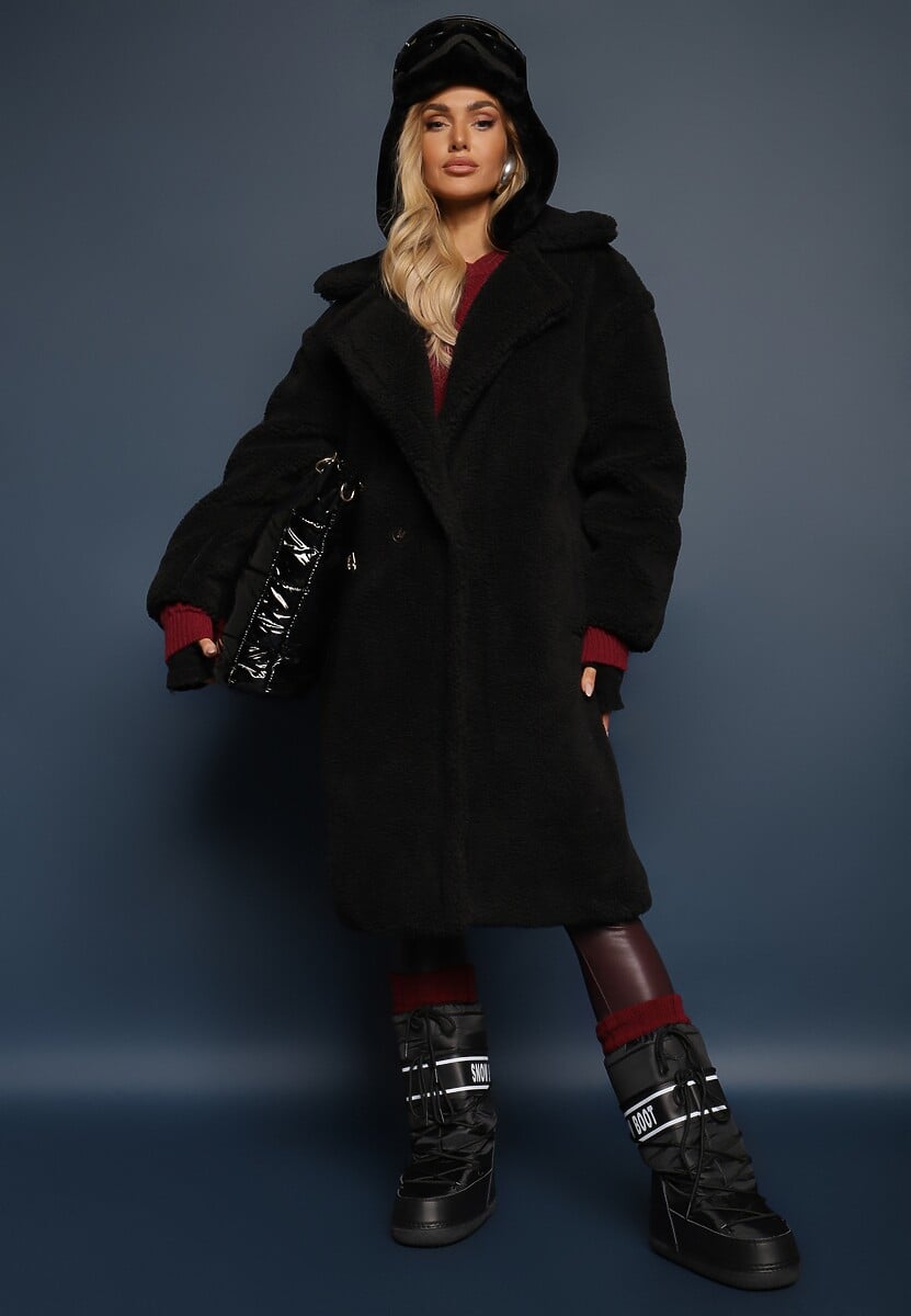 Czarny Futrzany Płaszcz Teddy Zapinany na Guziki Bathalasa