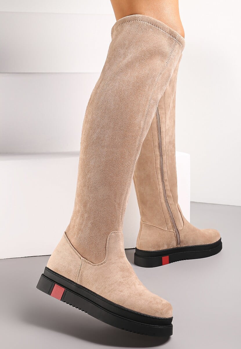 Ciemnobeżowe Kozaki na Niskiej Platformie za Kolano Zahrias