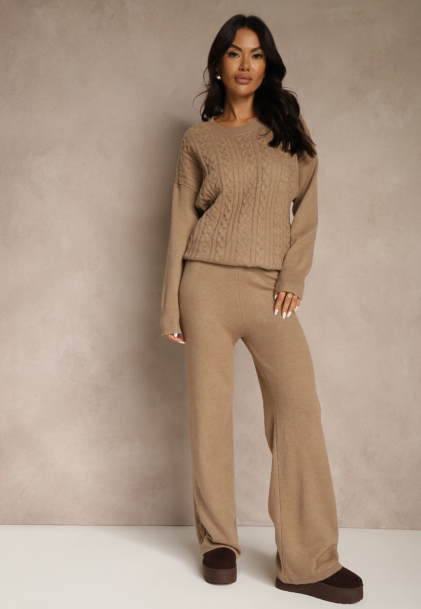 Ciemnobeżowy Dzianinowy Komplet z Wełną w Warkoczowy Splot Spodnie i Sweter Reinette