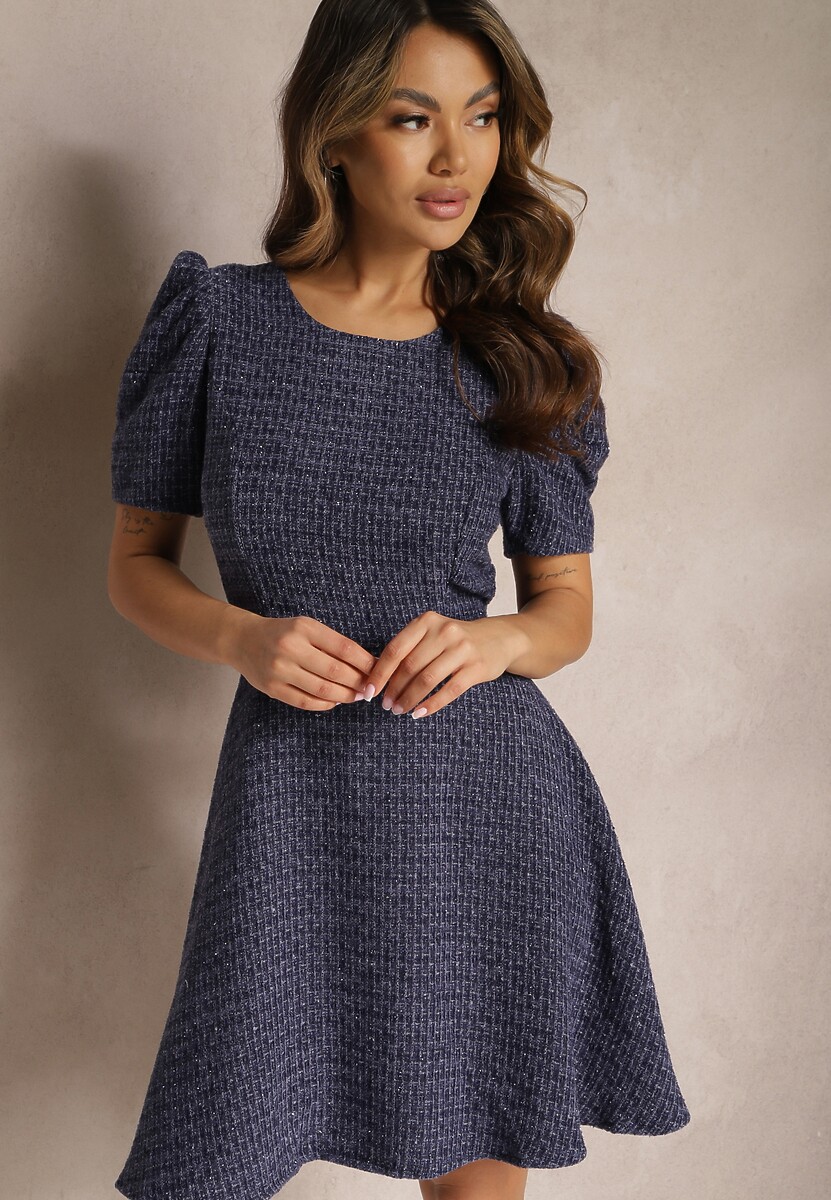 Granatowa  Rozkloszowana Sukienka Mini z Lekko Bufiastymi Rękawkami Merridia