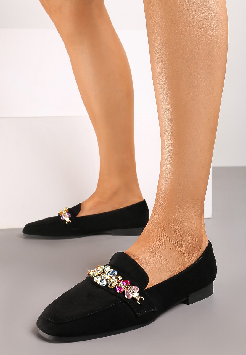 Czarne Mokasyny na Płaskiej Podeszwie z Ozdobą z Kryształków Peneda