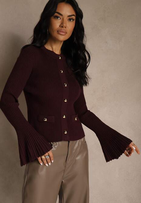 Bordowy Elegancki Prążkowany Kardigan z Wiskozą Guzikami i Rozszerzanymi Rękawami Otila
