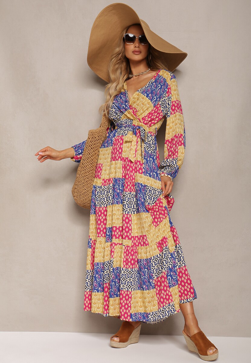 Niebiesko-Żółta Sukienka z Wiskozy z Gumką w Pasie i Materiałowym Paskiem z Trójkątnym Dekoltem Nelarae