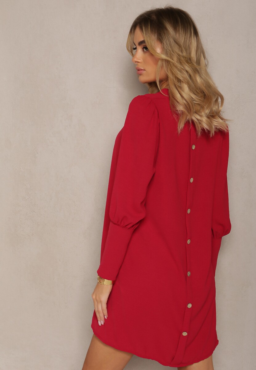 Bordowa Pudełkowa Sukienka z Rozkloszowanym Dołem i Bufiastymi Rękawami Kaimana