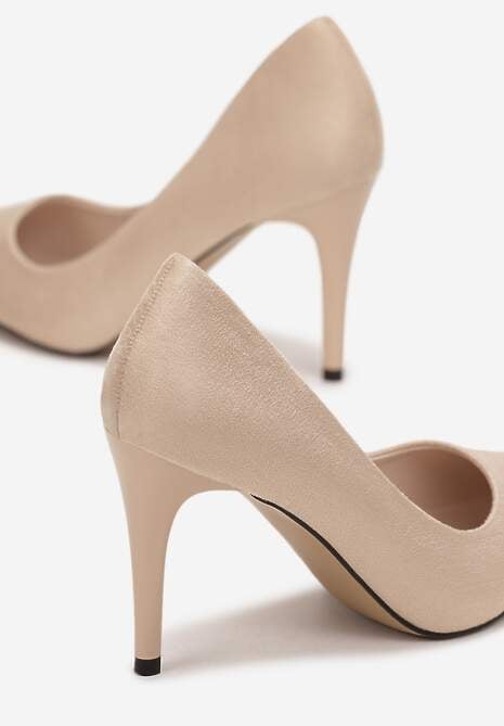 Beżowe Wsuwane Szpilki z Imitacji Zamszu i Szpiczastym Noskiem Ayleia