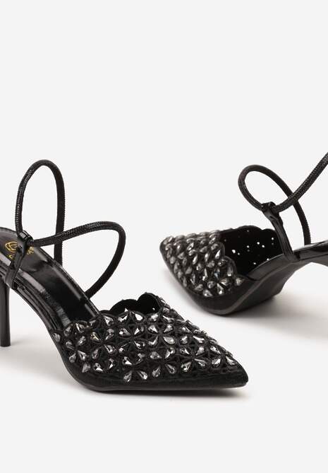 Czarne Sandały na Szpilce Slingback z Cyrkoniami Dimte