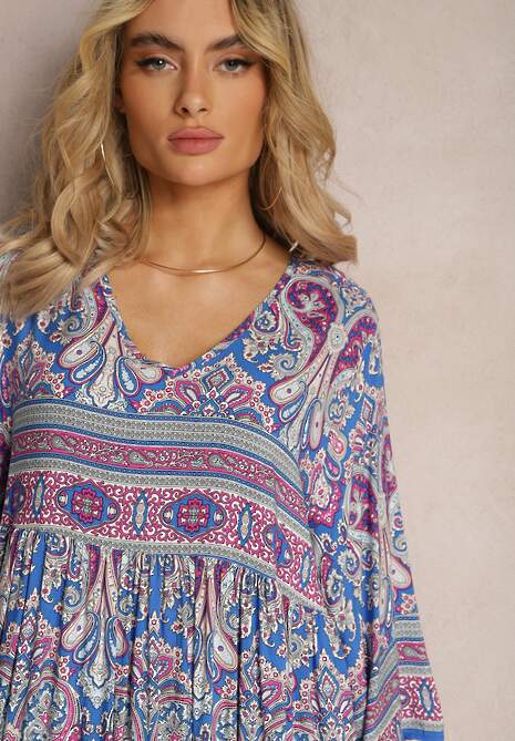 Niebiesko-Fioletowa Rozkloszowana Sukienka we Wzór Paisley z Rękawem 3/4 Briarwa