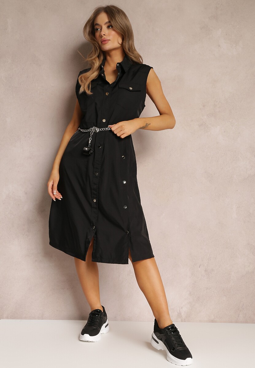 Czarna Sukienka za Kolano z Ozdobnym Paskiem Adarene