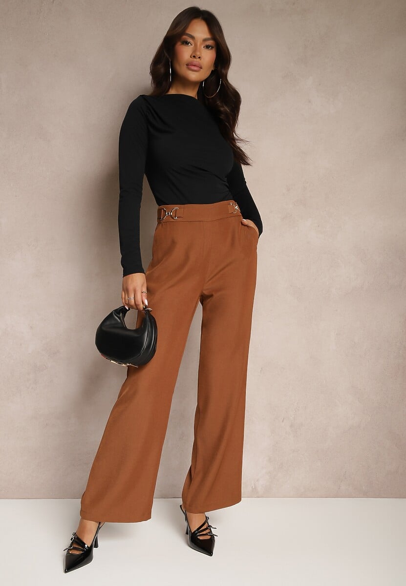 Czarne Spodnie High Waist o Szerokim Fasonie z Paskiem i Złotym Metalicznym Detalem Eniarra