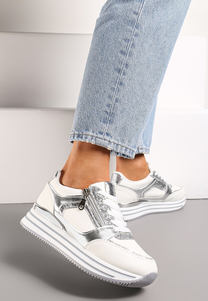 Biało-Srebrne Sneakersy z Brokatowymi Wstawkami i Krótkim Suwakiem Naiwra