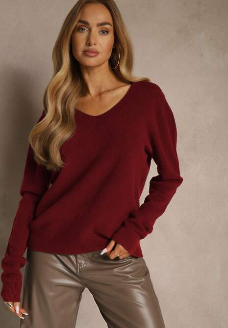 Bordowy Sweter z Wełną i Wiskozą z Trójkątnym Dekoltem Kaitte