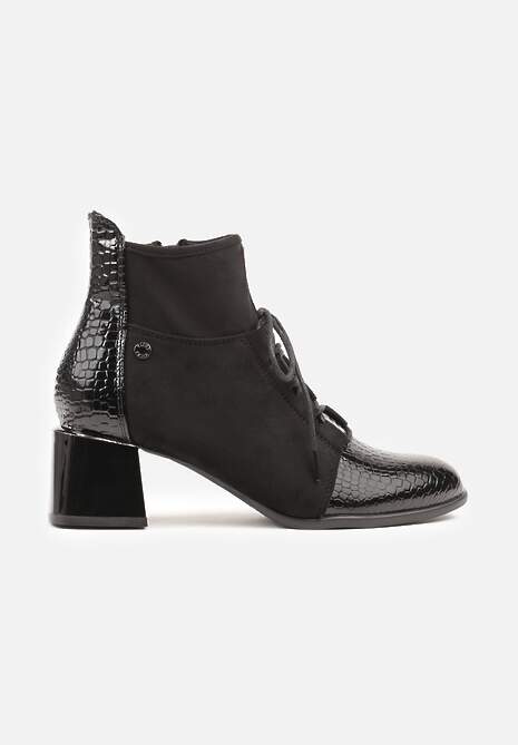 Czarne Botki Typu Trzewiki Vices na Słupku Ozdobione Lakierowanymi Elementami Adenella