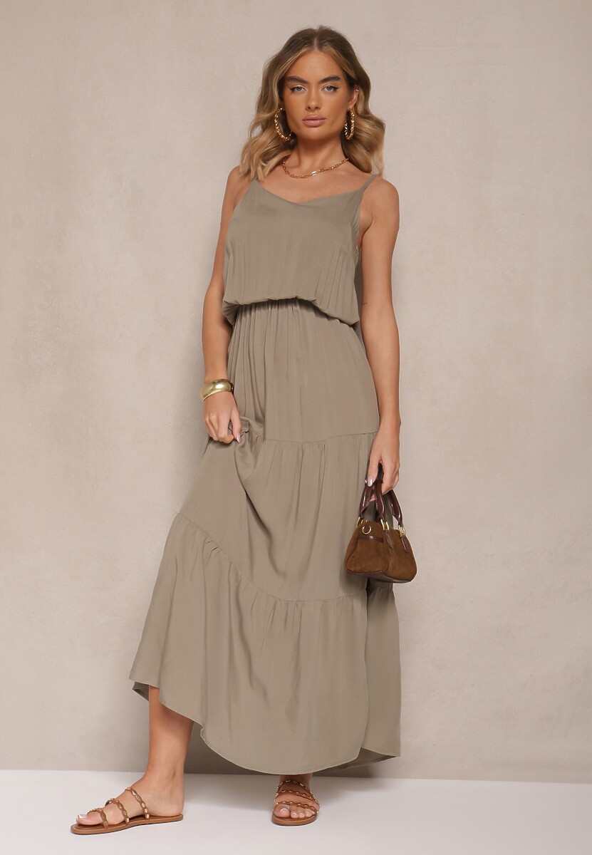 Zielona Rozkloszowana Sukienka z Wiskozy na Ramiączkach Flesira