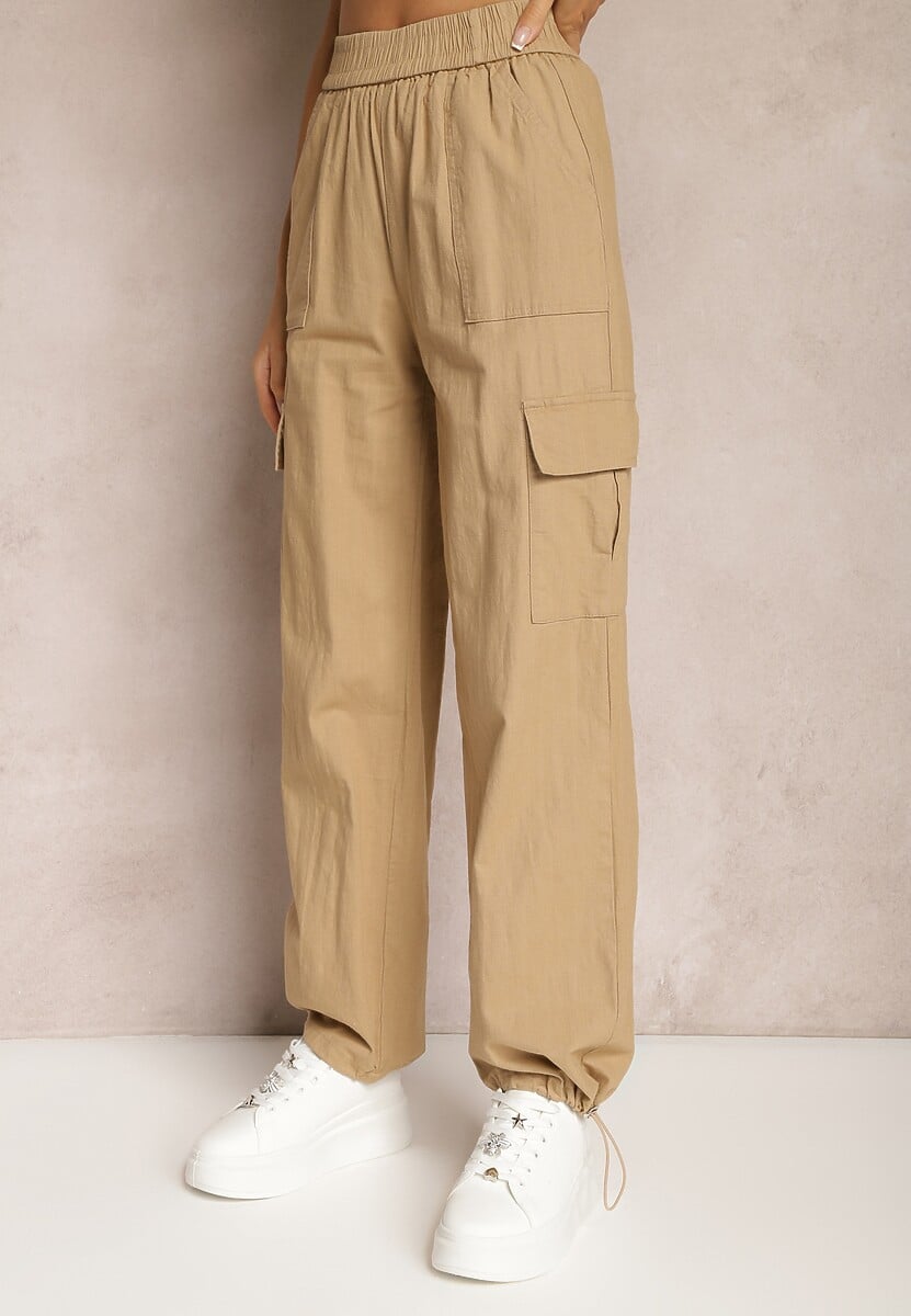 Beżowe Spodnie Spadochronowe z Wysokim Stanem i Kieszeniami z Klapami Nymfa