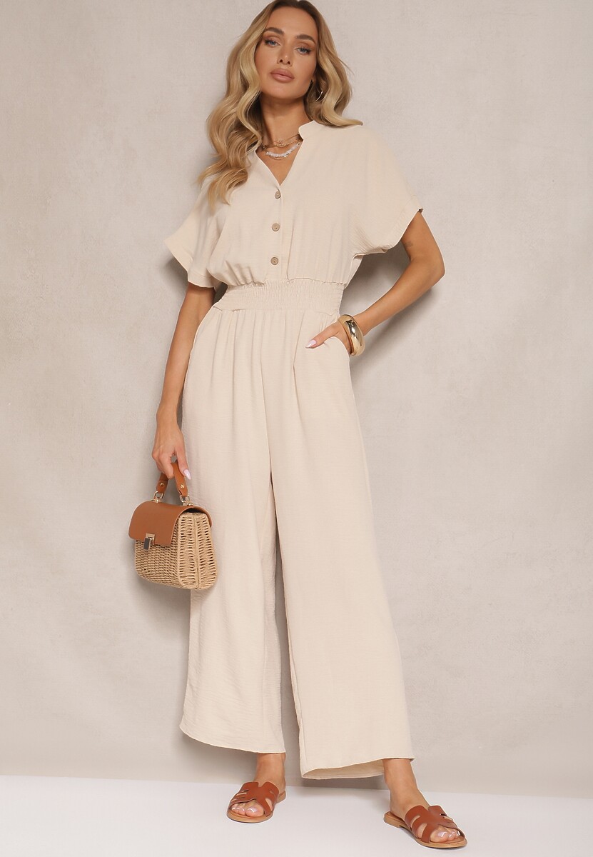 Granatowy Wiskozowy Kombinezon z Dekoltem w Serek Zapinany na Guziki Anisora