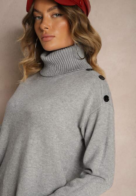 Szary Komplet z Wiskozą i Modalem Spodnie o Szerokim Kroju i Golf Ozdobiony Guzikami Sassifra